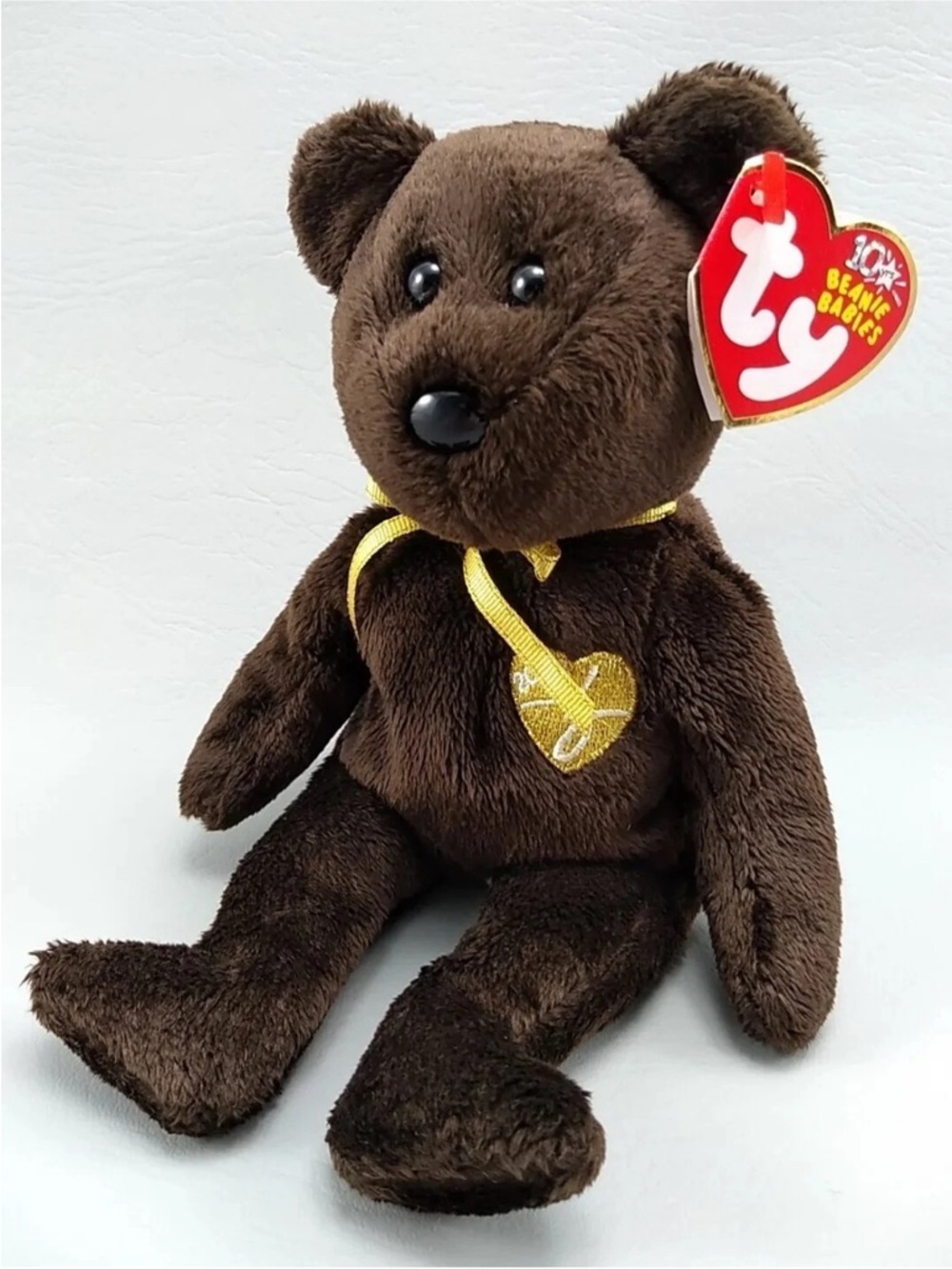 Ty Beanie Baby 2003 Signature Brown Plush Bear with Gold Heart and Ribbon. NWT